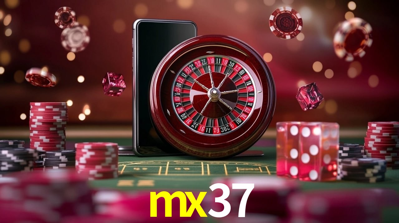 Una escena digital vívida inspirada en casino con mx37 mostrado prominentemente, luces brillantes, fichas, cartas y acentos dorados.