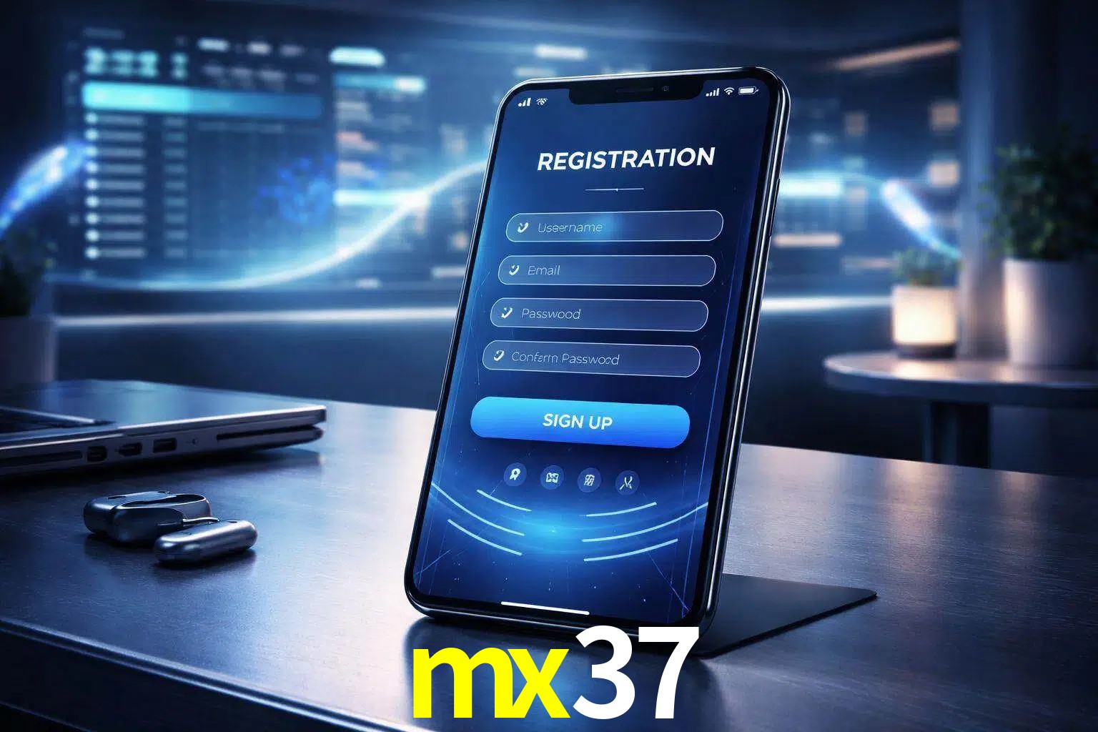 Una interfaz moderna de registro móvil para mx37 mostrada en un smartphone con un panel de apuestas elegante.